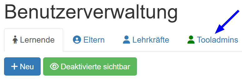 Tooladmins sind als Registerkarte aufgeführt.