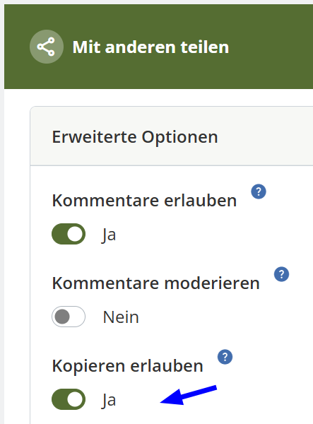 Übersicht an welcher Stelle „Kopieren erlauben“ auf „Ja“ gesetzt werden kann.