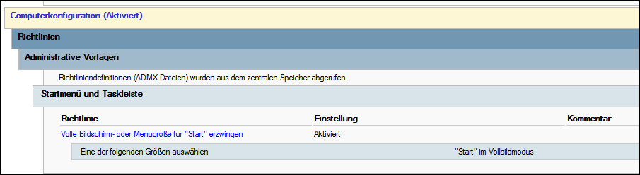 Gruppenrichtlinie mit Startmenü im Vollbildmodus