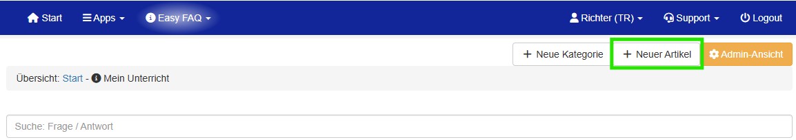 Fenster Easy FAQ mit Kennzeichnung des Buttons Neuer Artikel