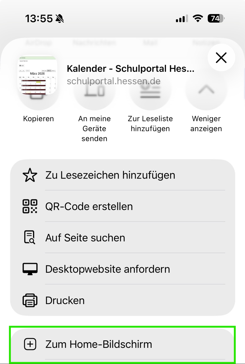Browsermenü mit Button Zum Home-Bildschirm