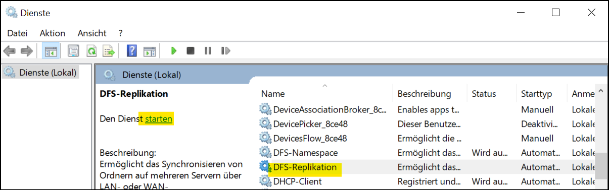 Screenshot: Dienste DFS-Replikation starten