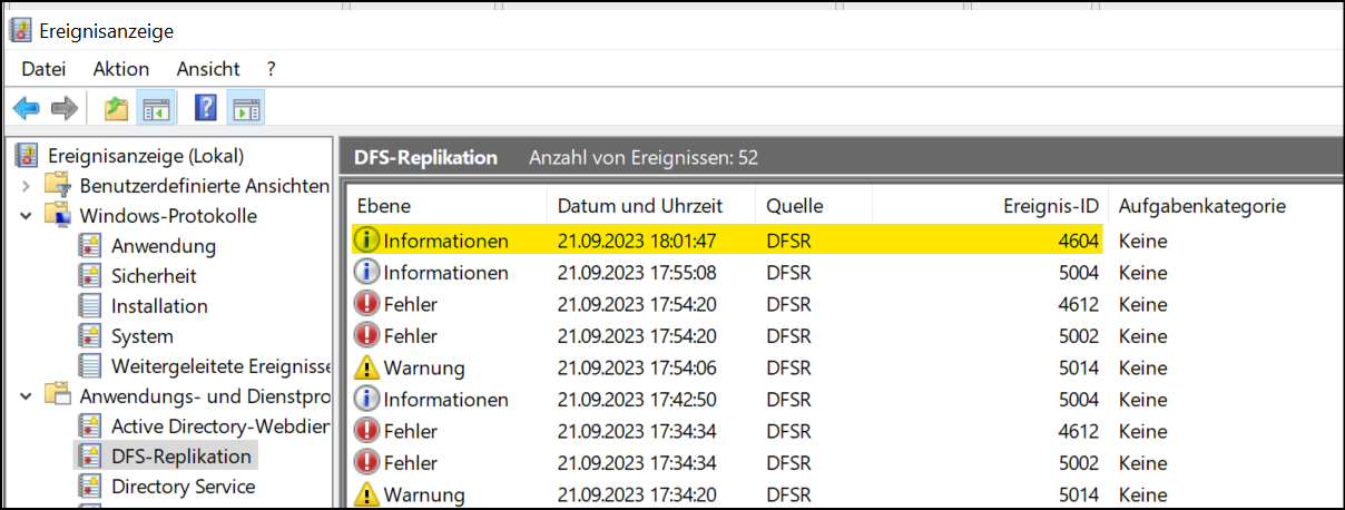 Screenshot: Ereignisanzeige DFSR ID4604