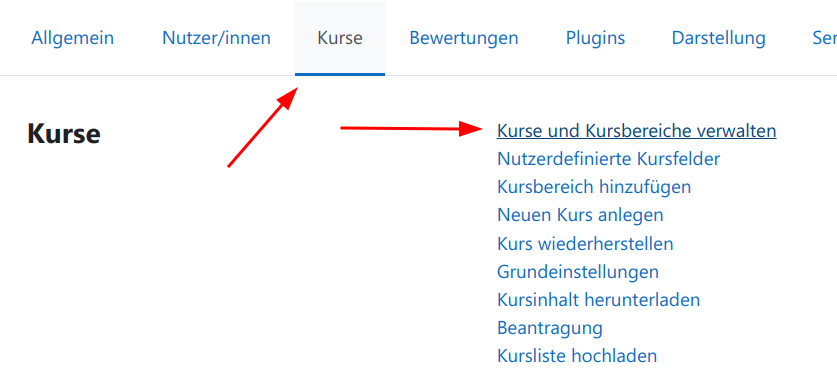 Kurse verwalten in der Websiteadministration