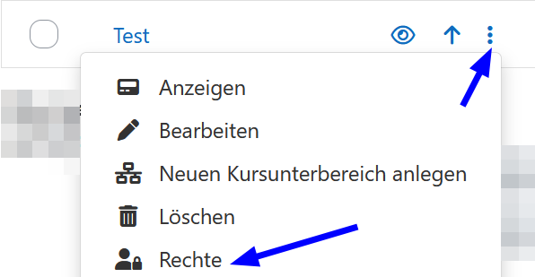 Die drei Punkte im rechten Bildrand öffnen ein Drop Down Menü aus dem "Rechte" auszuwählen ist.