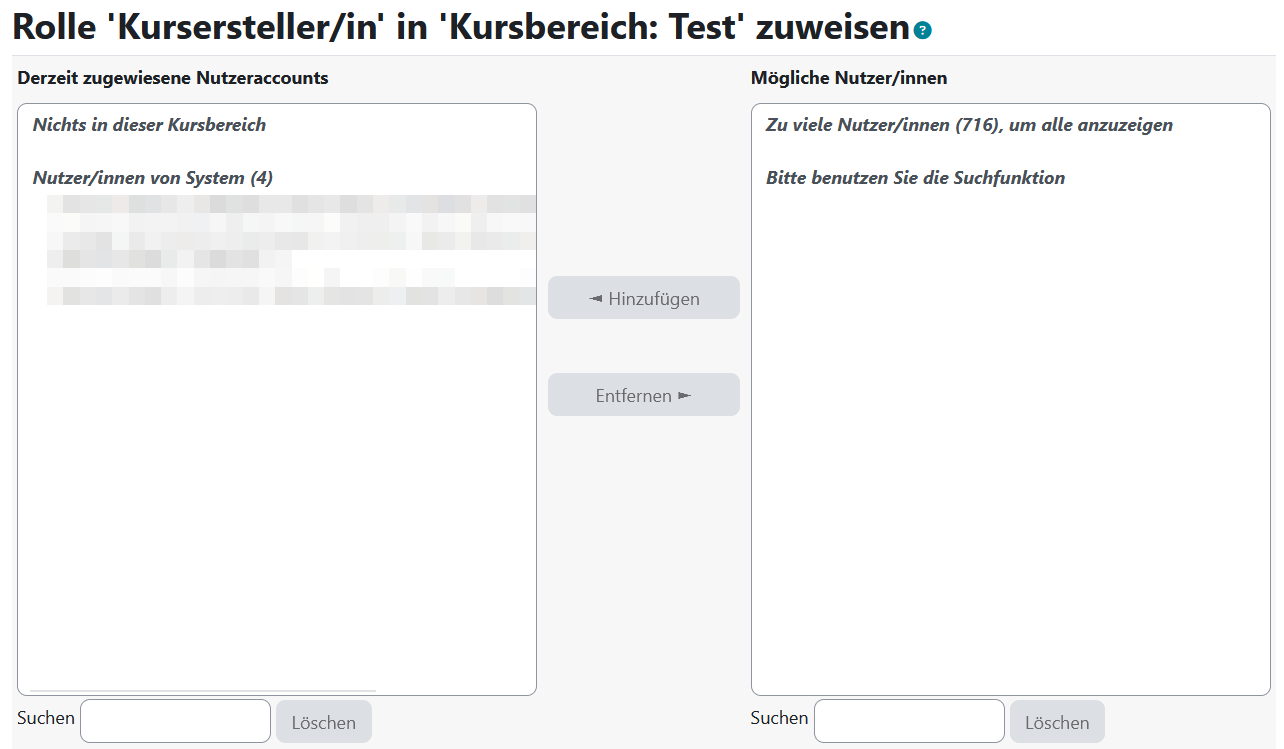 Hier können Nutzende zu Kurserstellenden gemacht oder ihnen die Funktion entzogen werden.