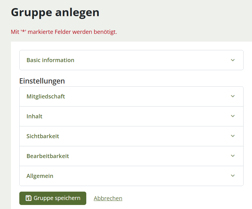 Übersicht über Eintragungsmöglichkeiten zum Anlegen von Gruppen