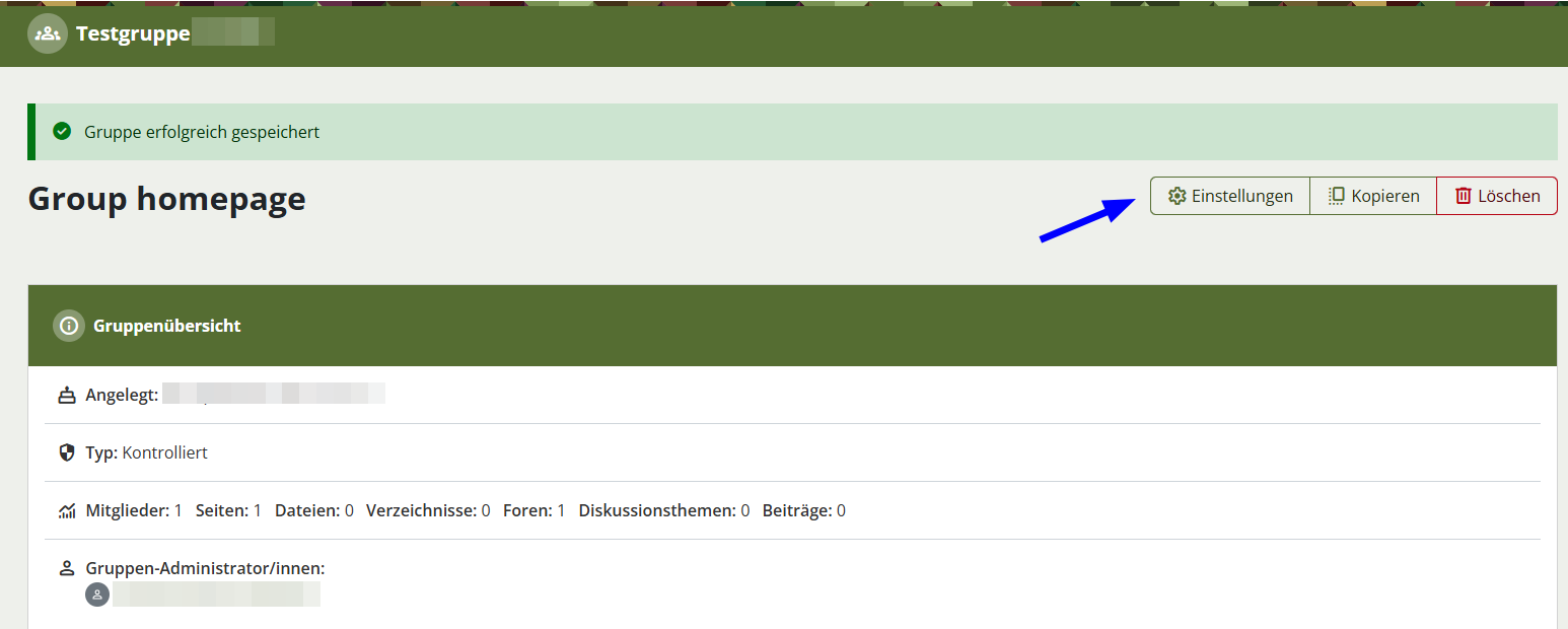 Button Einstellungen rechts auf der Group homepage