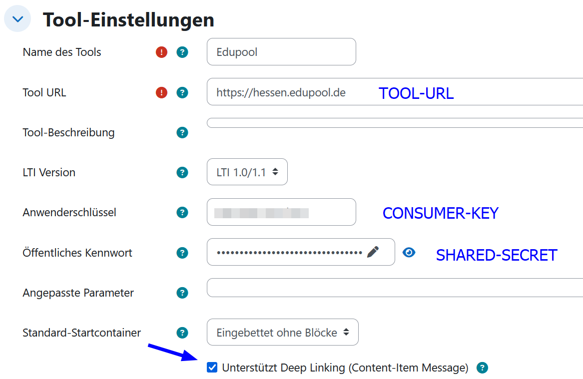Übersicht an welcher Stelle die LTI Daten aus Edupool eingegeben werden müssen.