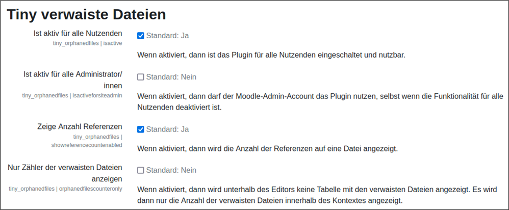 Einstellungsmöglichkeiten für das Plugin Tiny verwaiste Dateien